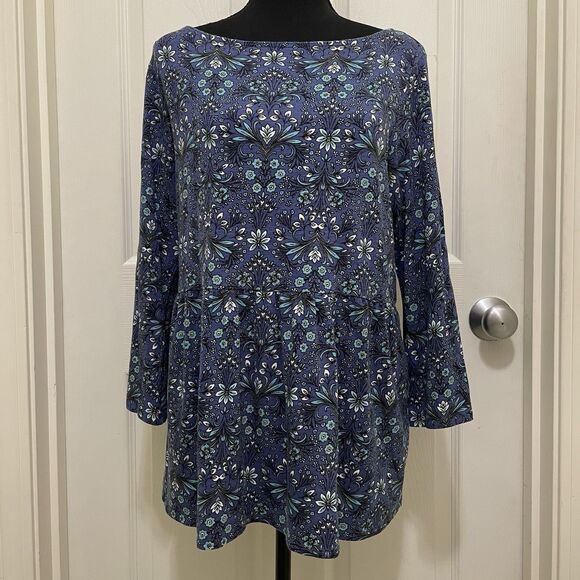 J.Jill Casual Top Ornate Floral Blue‎ Turquoise Boho 3/4 Sleeve Peplum Medium - Picture 7 of 13